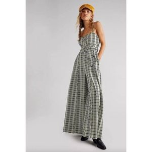 Free People Plaid Wide-Leg Jumpsuit in Olive Green and Black